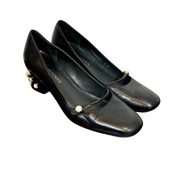 Stuart Weitzman Pearlstrap Square Toe Angled Block Heel Mary Jane Leather Pump - Picture 5 of 14